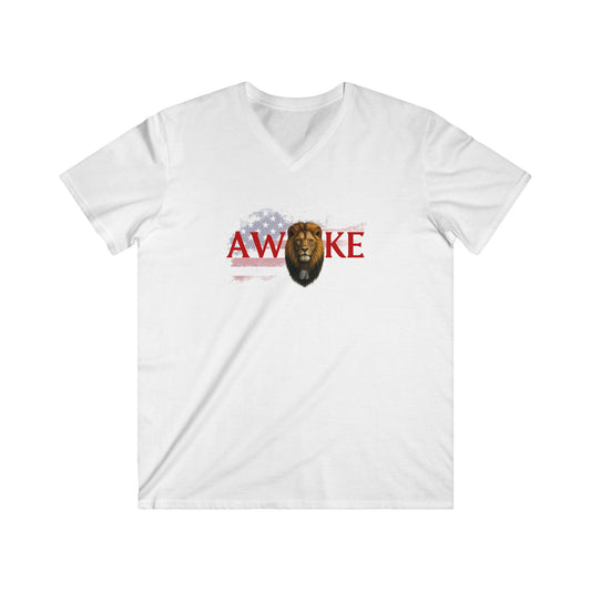 Awake Lion V-Neck Tee for Men, Casual Wear, Gift for Him, Patriotic Shirt, Summer Fashion, Statement Tee
