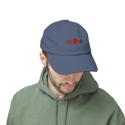 Unisex Distressed Cap with 'WOKE' Design, Trendy Fashion Accessory, Gift for Social Activists, Casual Wear, Summer Style, Vintage Vibe