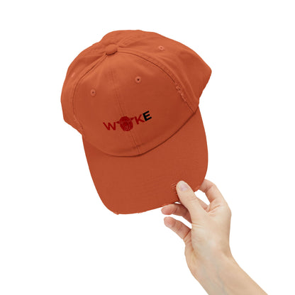 Unisex Distressed Cap with 'WOKE' Design, Trendy Fashion Accessory, Gift for Social Activists, Casual Wear, Summer Style, Vintage Vibe